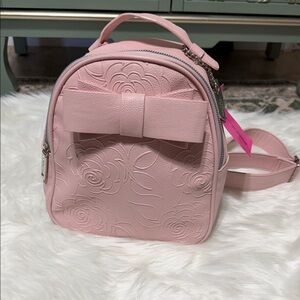 Betsey Johnson Pink Embossed Floral Bow Mini Backpack